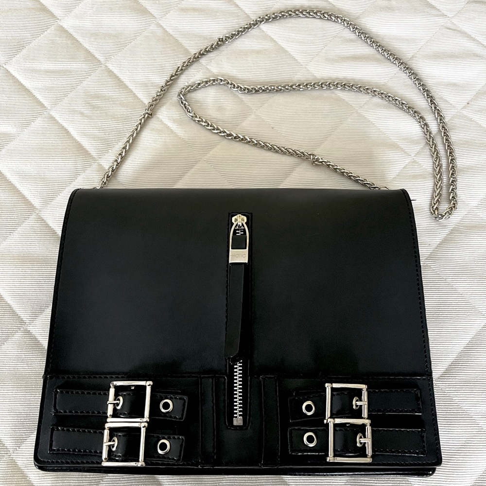 Stylish soft black vegan leather shoulder bag chain strap metal zipper buckles